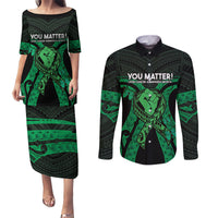 ADHD Awareness Month You Matter Couples Matching Puletasi and Long Sleeve Button Shirt Green Polynesian Ribbon