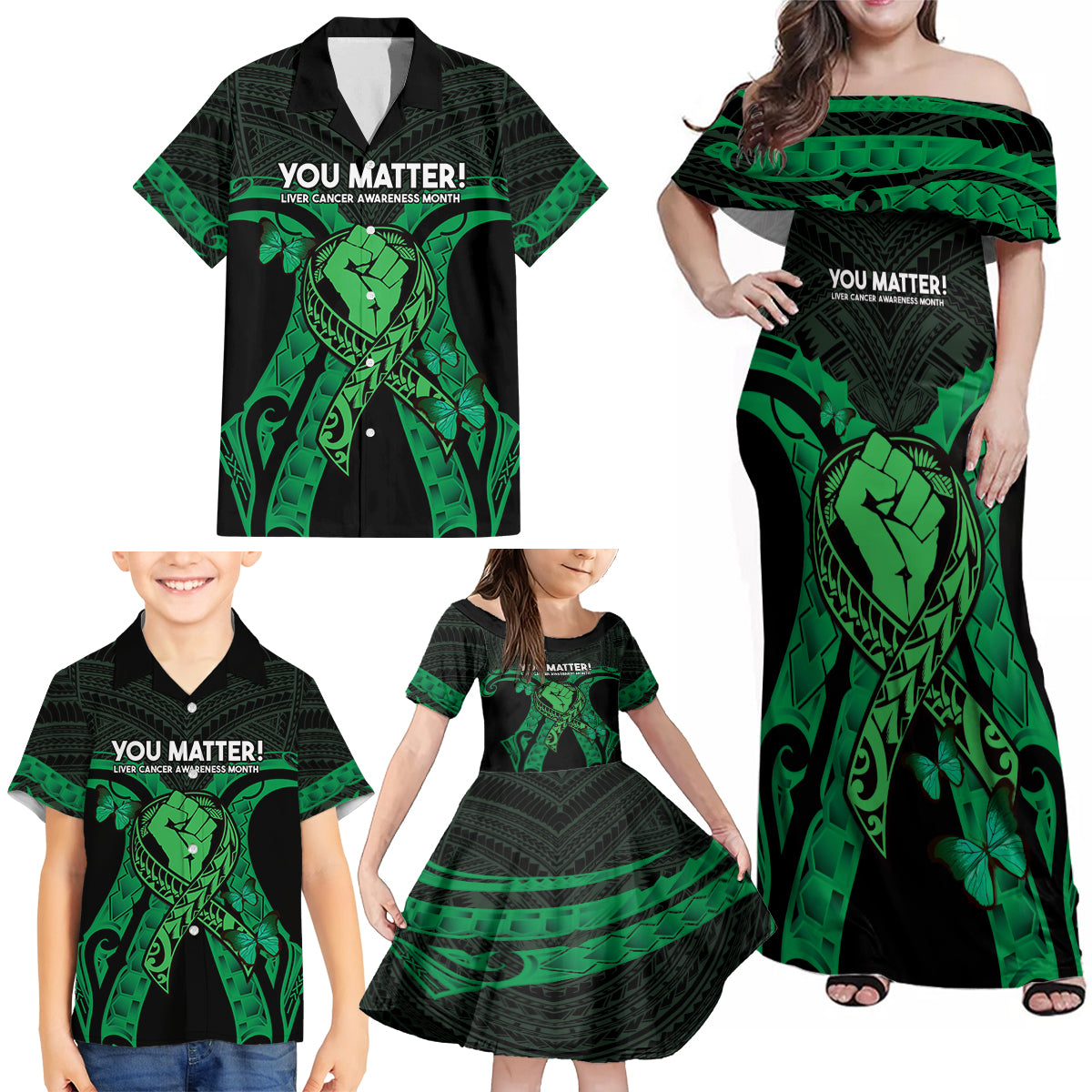ADHD Awareness Month You Matter Family Matching Off Shoulder Maxi Dress and Hawaiian Shirt Green Polynesian Ribbon