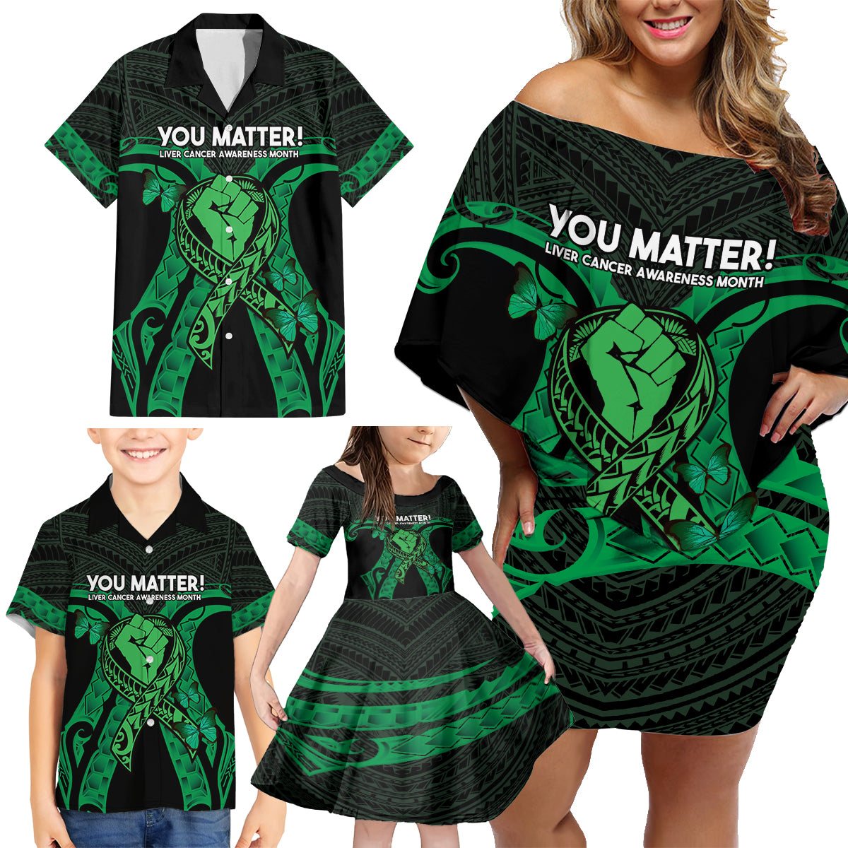 ADHD Awareness Month You Matter Family Matching Off Shoulder Short Dress and Hawaiian Shirt Green Polynesian Ribbon