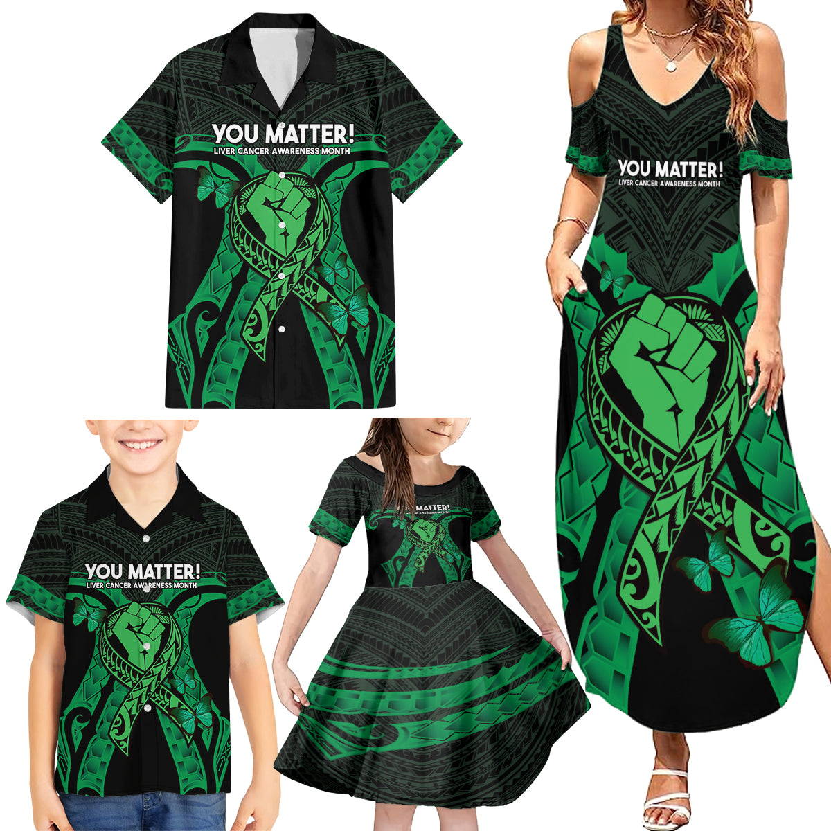 ADHD Awareness Month You Matter Family Matching Summer Maxi Dress and Hawaiian Shirt Green Polynesian Ribbon