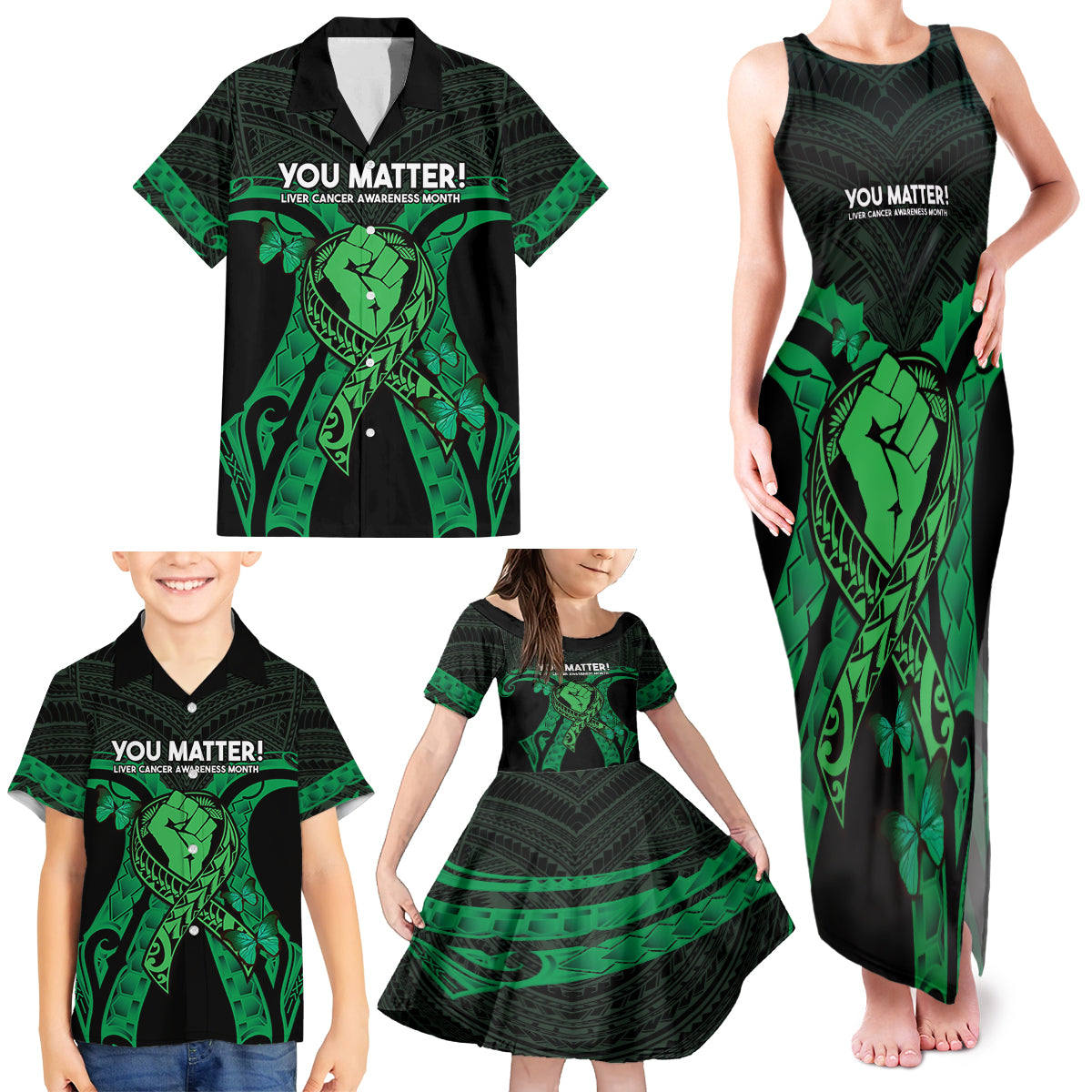 ADHD Awareness Month You Matter Family Matching Tank Maxi Dress and Hawaiian Shirt Green Polynesian Ribbon