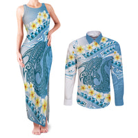 Blue Hawaii Shark Tattoo Couples Matching Tank Maxi Dress and Long Sleeve Button Shirt Frangipani With Polynesian Pastel Version