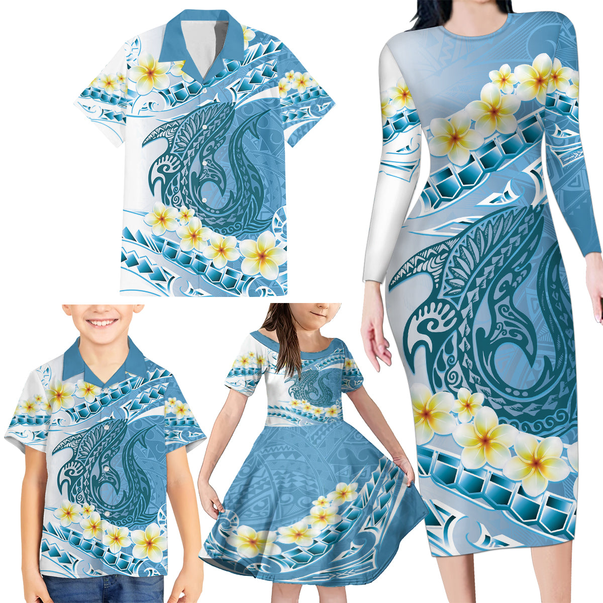 Blue Hawaii Shark Tattoo Family Matching Long Sleeve Bodycon Dress and Hawaiian Shirt Frangipani With Polynesian Pastel Version
