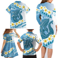 Blue Hawaii Shark Tattoo Family Matching Long Sleeve Bodycon Dress and Hawaiian Shirt Frangipani With Polynesian Pastel Version