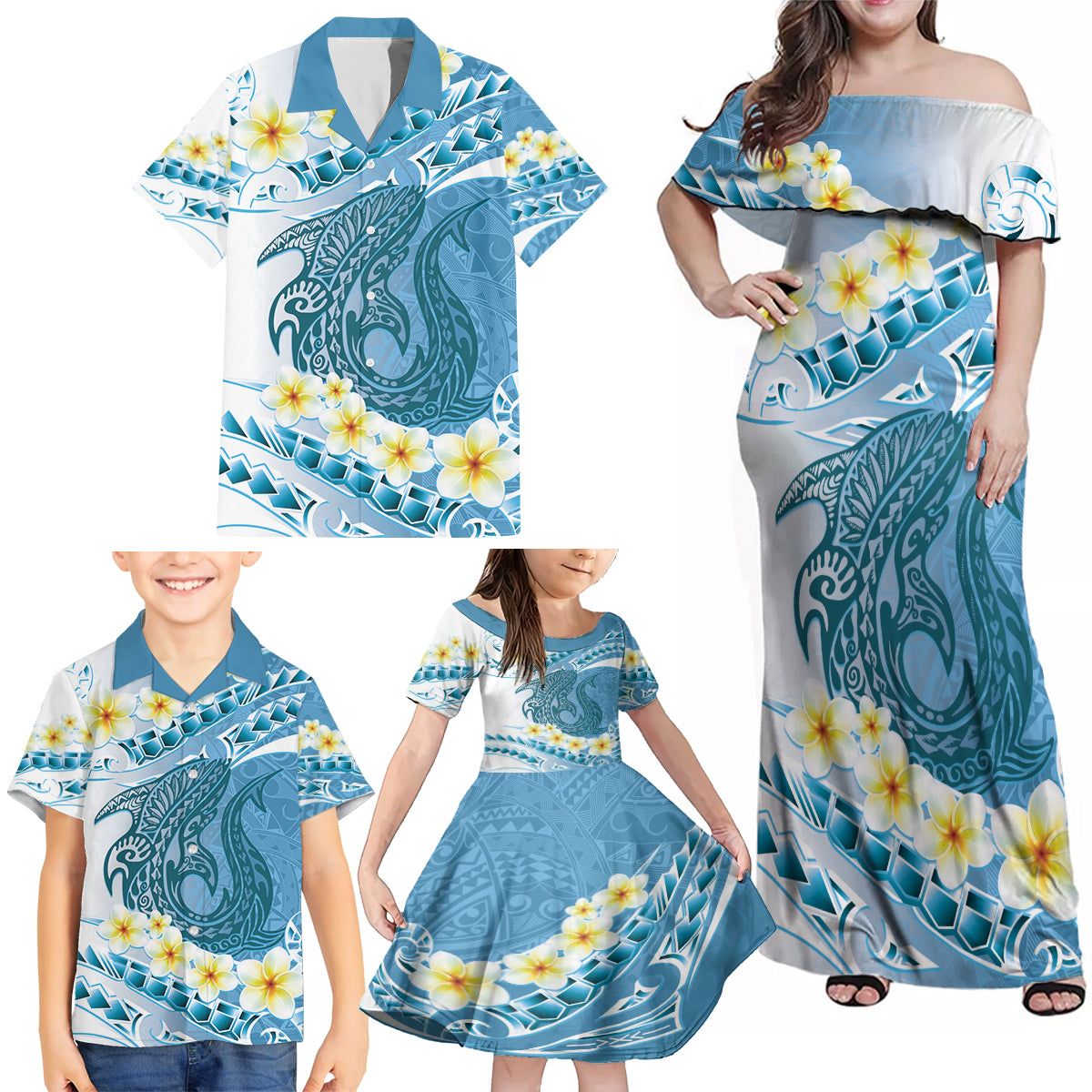 Blue Hawaii Shark Tattoo Family Matching Off Shoulder Maxi Dress and Hawaiian Shirt Frangipani With Polynesian Pastel Version