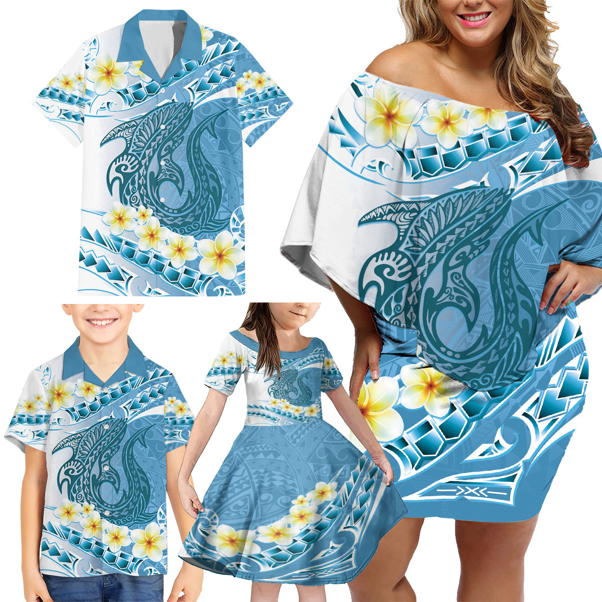 Blue Hawaii Shark Tattoo Family Matching Off Shoulder Short Dress and Hawaiian Shirt Frangipani With Polynesian Pastel Version