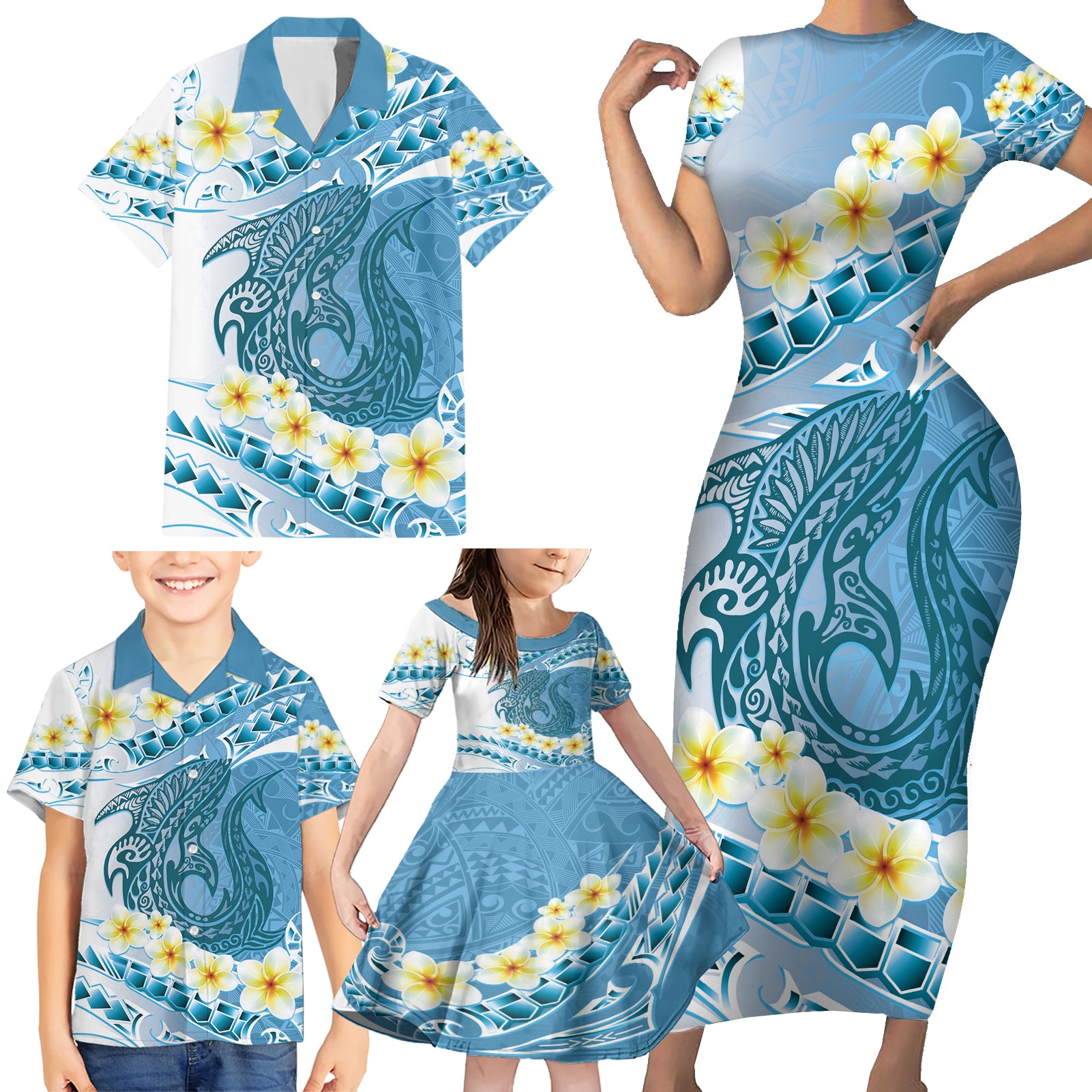 Blue Hawaii Shark Tattoo Family Matching Short Sleeve Bodycon Dress and Hawaiian Shirt Frangipani With Polynesian Pastel Version