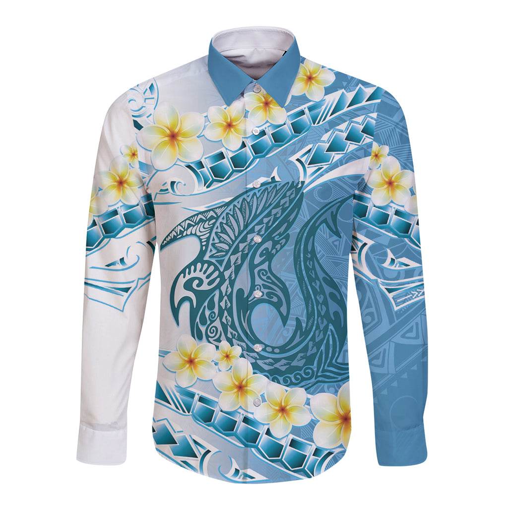 Blue Hawaii Shark Tattoo Long Sleeve Button Shirt Frangipani With Polynesian Pastel Version