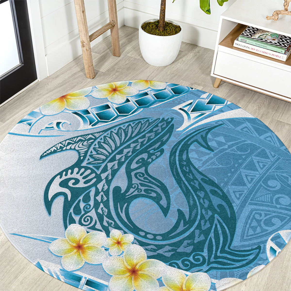 Blue Hawaii Shark Tattoo Round Carpet Frangipani With Polynesian Pastel Version