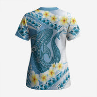 Blue Hawaii Shark Tattoo Scrub Top Frangipani With Polynesian Pastel Version - Polynesian Pride