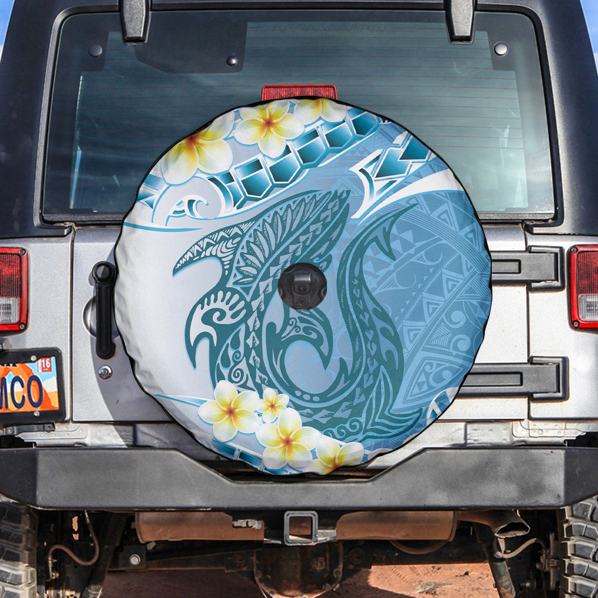 Blue Hawaii Shark Tattoo Spare Tire Cover Frangipani With Polynesian Pastel Version
