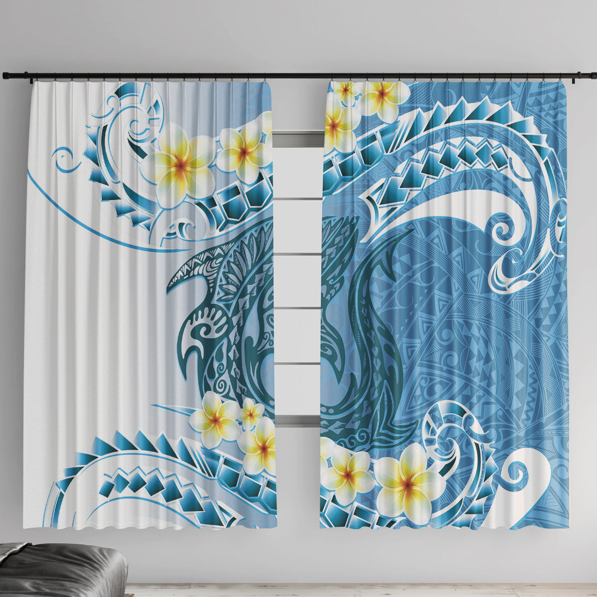 Blue Hawaii Shark Tattoo Window Curtain Frangipani With Polynesian Pastel Version