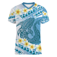 Blue Hawaii Shark Tattoo Women V-Neck T-Shirt Frangipani With Polynesian Pastel Version