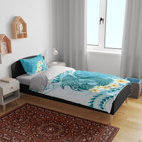Turquoise Hawaii Shark Tattoo Bedding Set Frangipani With Polynesian Pastel Version