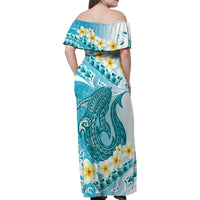 Turquoise Hawaii Shark Tattoo Family Matching Off Shoulder Maxi Dress and Hawaiian Shirt Frangipani With Polynesian Pastel Version