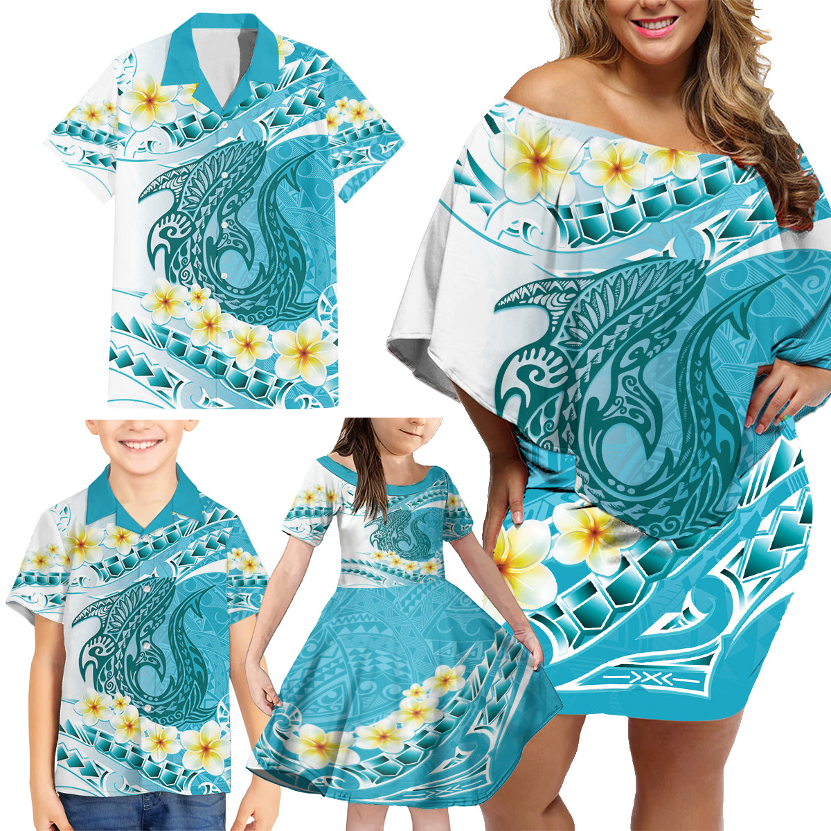 Turquoise Hawaii Shark Tattoo Family Matching Off Shoulder Short Dress and Hawaiian Shirt Frangipani With Polynesian Pastel Version