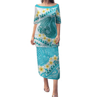 Turquoise Hawaii Shark Tattoo Family Matching Puletasi and Hawaiian Shirt Frangipani With Polynesian Pastel Version