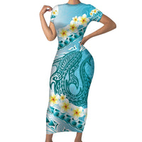 Turquoise Hawaii Shark Tattoo Family Matching Short Sleeve Bodycon Dress and Hawaiian Shirt Frangipani With Polynesian Pastel Version