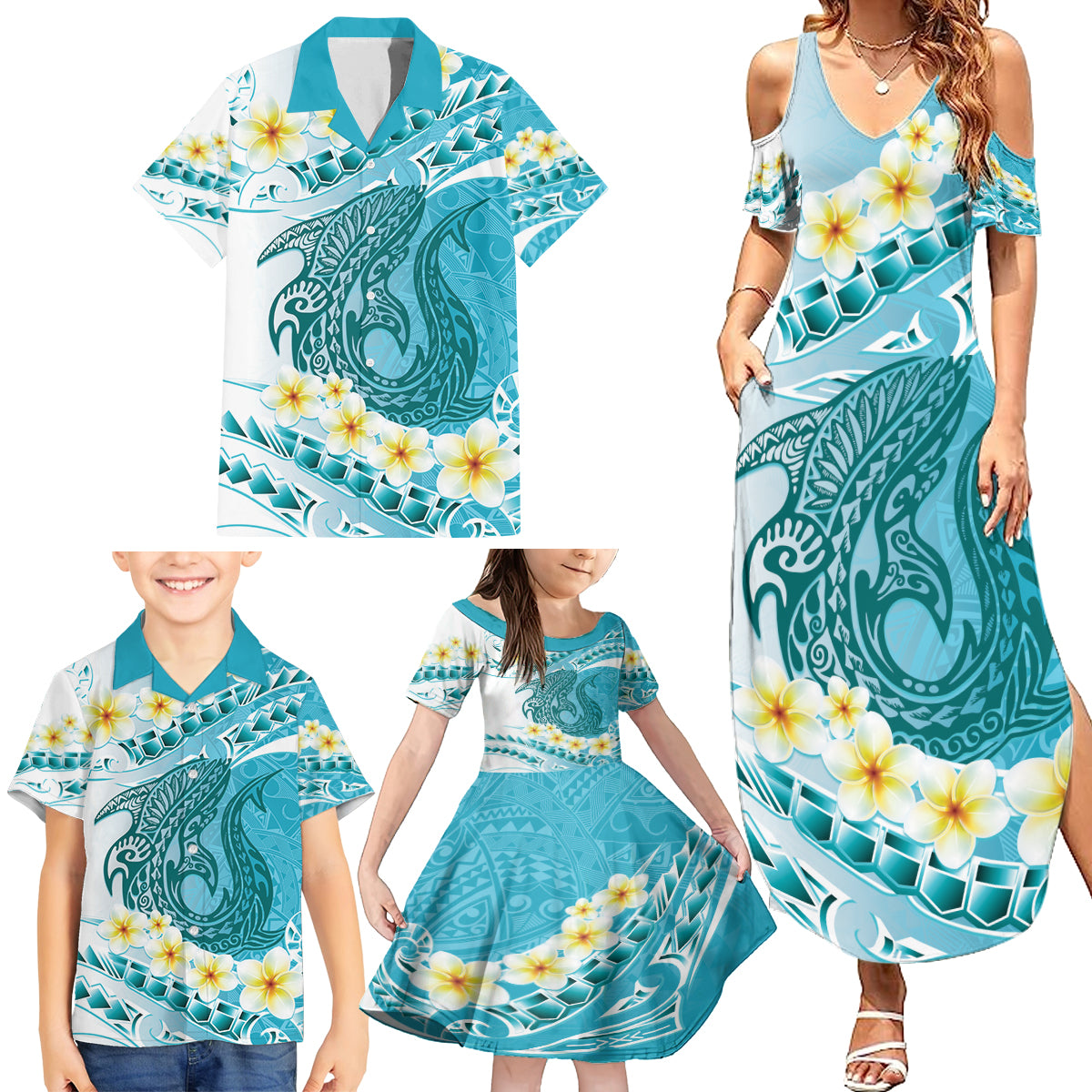 Turquoise Hawaii Shark Tattoo Family Matching Summer Maxi Dress and Hawaiian Shirt Frangipani With Polynesian Pastel Version