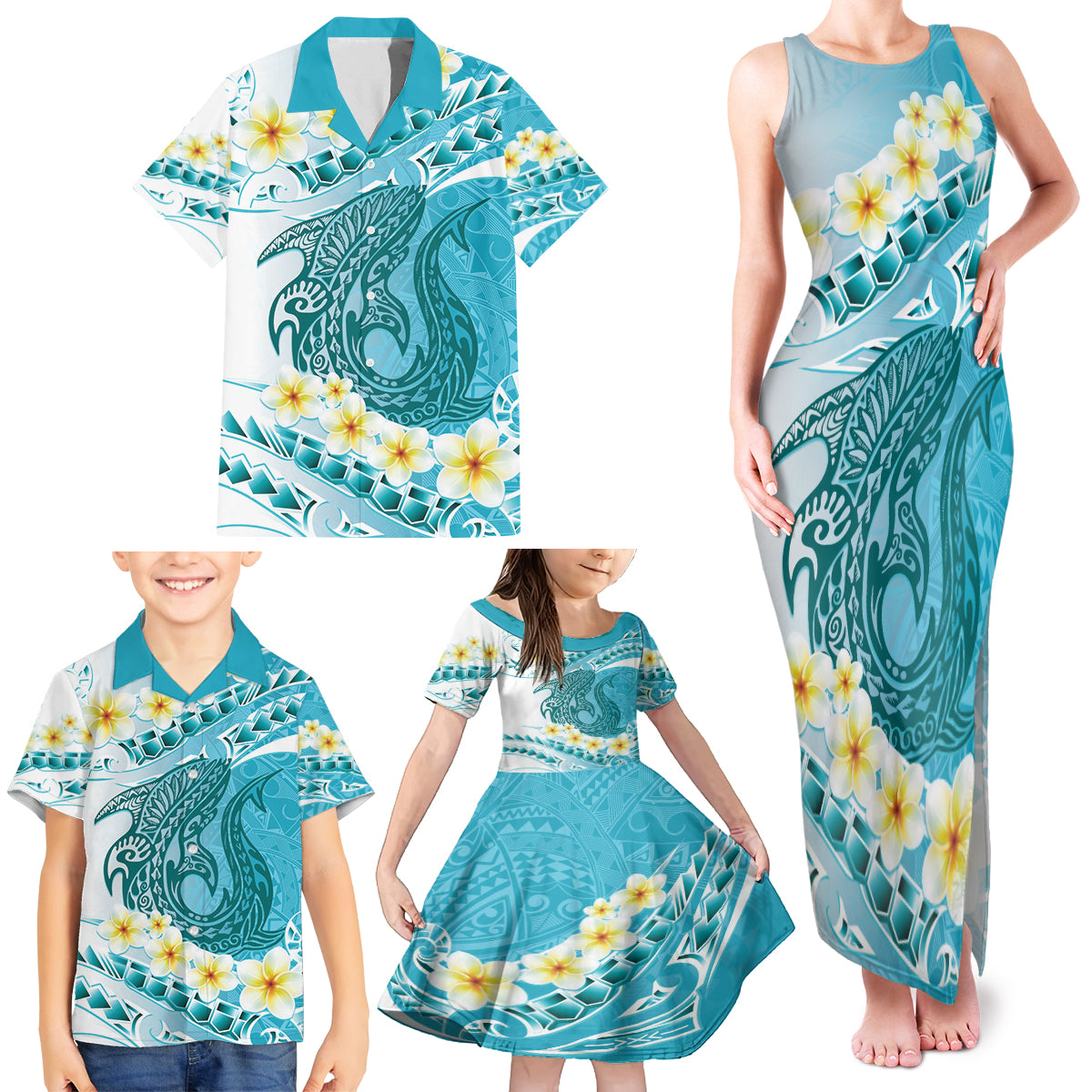 Turquoise Hawaii Shark Tattoo Family Matching Tank Maxi Dress and Hawaiian Shirt Frangipani With Polynesian Pastel Version