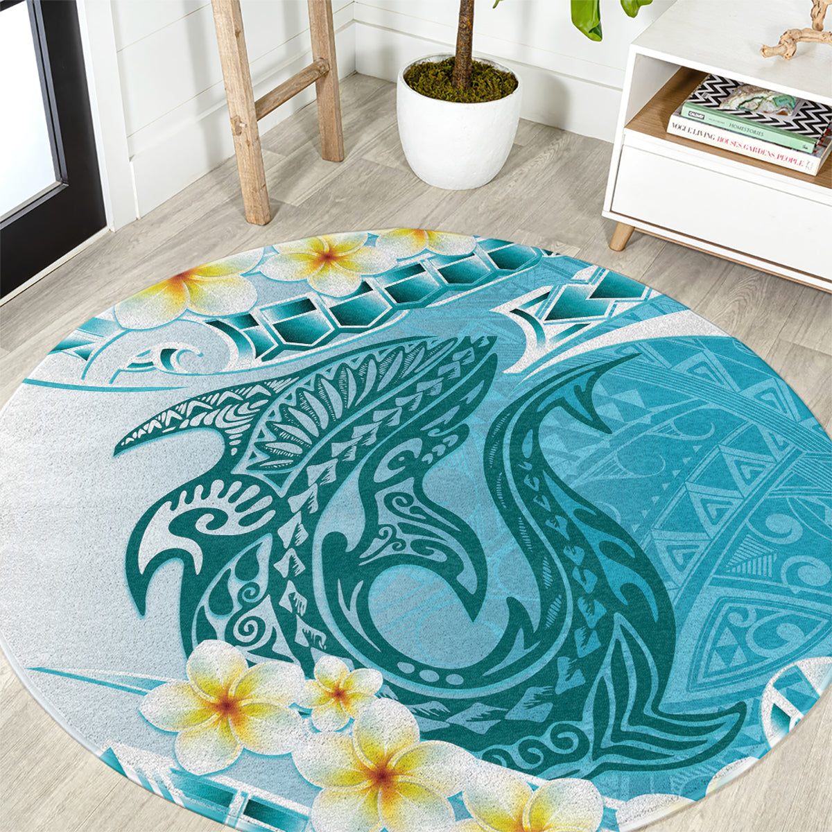 Turquoise Hawaii Shark Tattoo Round Carpet Frangipani With Polynesian Pastel Version