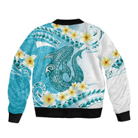 Turquoise Hawaii Shark Tattoo Sleeve Zip Bomber Jacket Frangipani With Polynesian Pastel Version