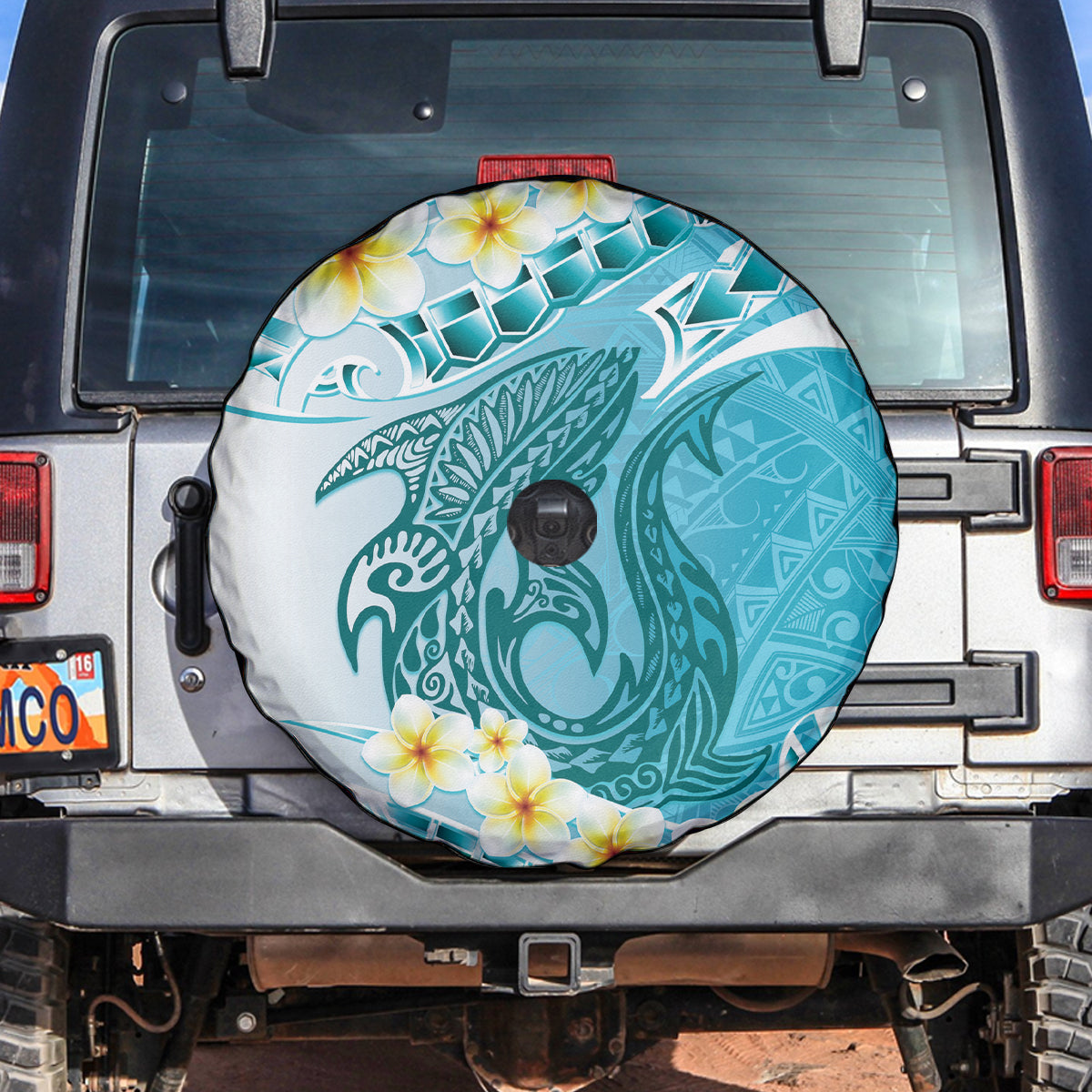 Turquoise Hawaii Shark Tattoo Spare Tire Cover Frangipani With Polynesian Pastel Version