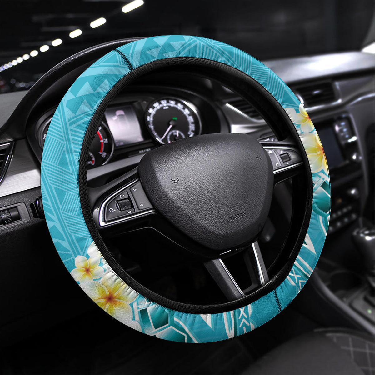 Turquoise Hawaii Shark Tattoo Steering Wheel Cover Frangipani With Polynesian Pastel Version