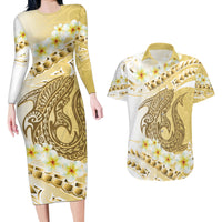 Gold Hawaii Shark Tattoo Couples Matching Long Sleeve Bodycon Dress and Hawaiian Shirt Frangipani With Polynesian Pastel Version