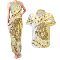 Gold Hawaii Shark Tattoo Couples Matching Tank Maxi Dress and Hawaiian Shirt Frangipani With Polynesian Pastel Version