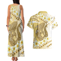 Gold Hawaii Shark Tattoo Couples Matching Tank Maxi Dress and Hawaiian Shirt Frangipani With Polynesian Pastel Version