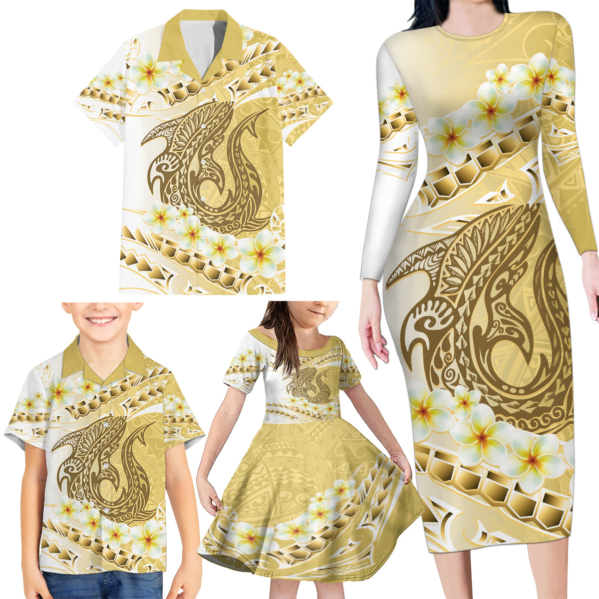 Gold Hawaii Shark Tattoo Family Matching Long Sleeve Bodycon Dress and Hawaiian Shirt Frangipani With Polynesian Pastel Version