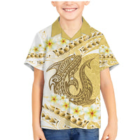 Gold Hawaii Shark Tattoo Family Matching Mermaid Dress and Hawaiian Shirt Frangipani With Polynesian Pastel Version