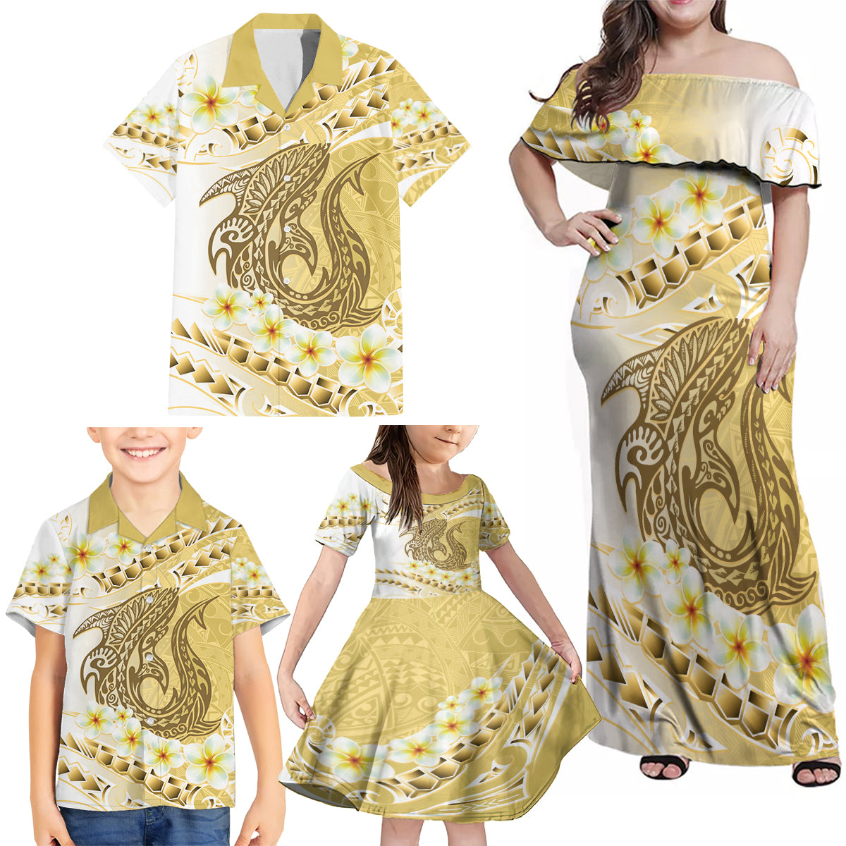Gold Hawaii Shark Tattoo Family Matching Off Shoulder Maxi Dress and Hawaiian Shirt Frangipani With Polynesian Pastel Version