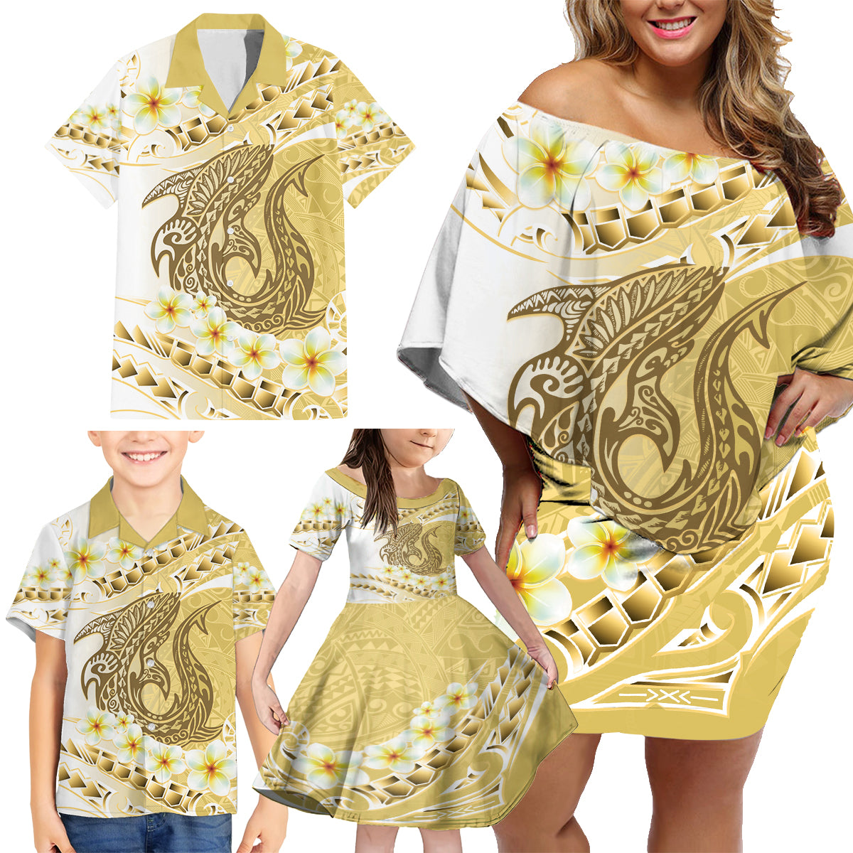 Gold Hawaii Shark Tattoo Family Matching Off Shoulder Short Dress and Hawaiian Shirt Frangipani With Polynesian Pastel Version