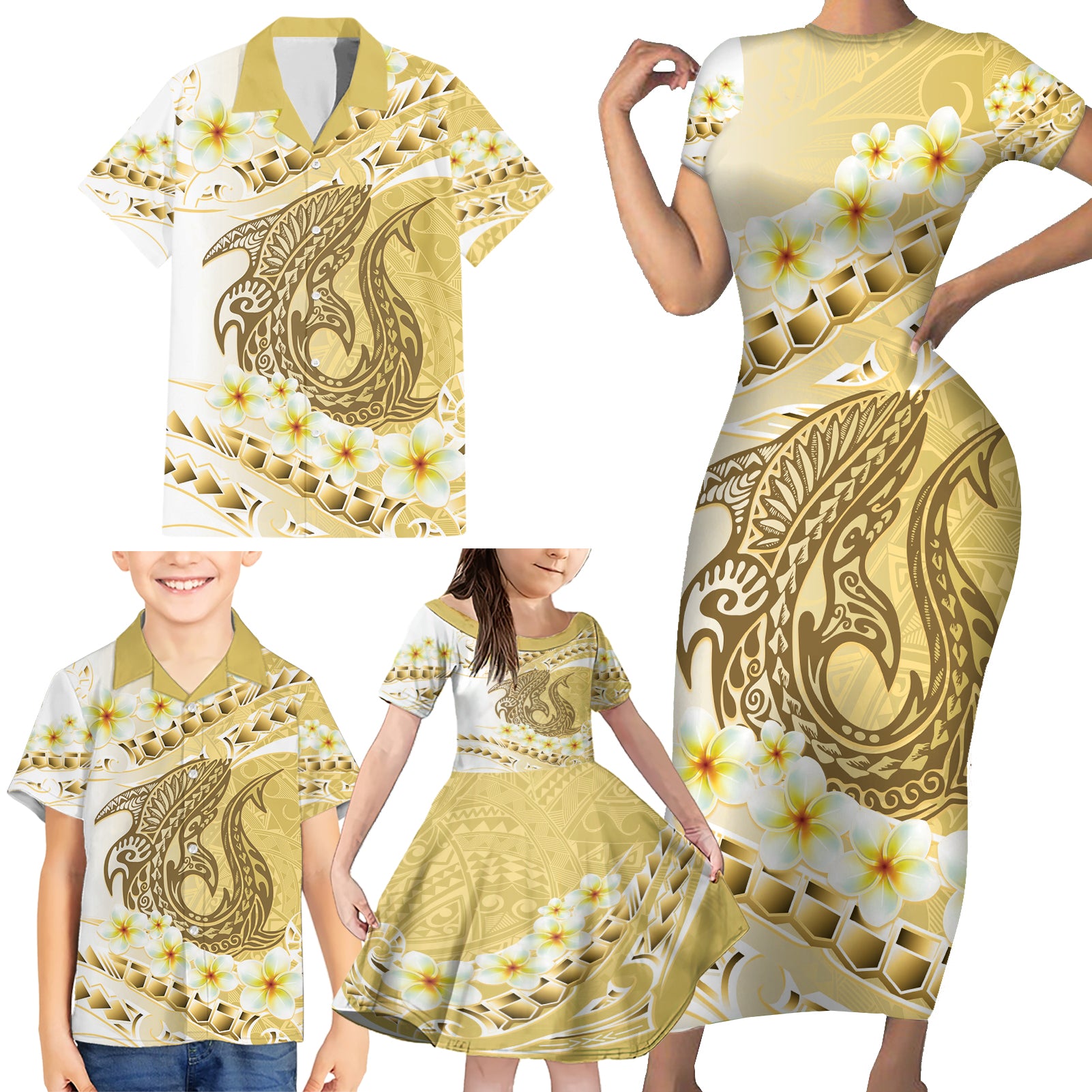 Gold Hawaii Shark Tattoo Family Matching Short Sleeve Bodycon Dress and Hawaiian Shirt Frangipani With Polynesian Pastel Version