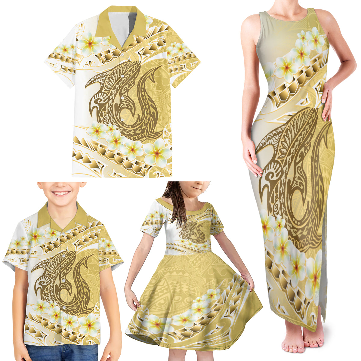 Gold Hawaii Shark Tattoo Family Matching Tank Maxi Dress and Hawaiian Shirt Frangipani With Polynesian Pastel Version
