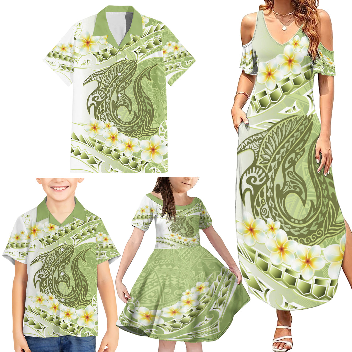 Green Hawaii Shark Tattoo Family Matching Summer Maxi Dress and Hawaiian Shirt Frangipani With Polynesian Pastel Version