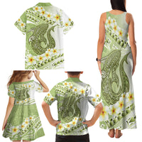 Green Hawaii Shark Tattoo Family Matching Tank Maxi Dress and Hawaiian Shirt Frangipani With Polynesian Pastel Version