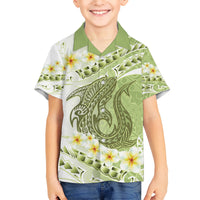 Green Hawaii Shark Tattoo Kid Hawaiian Shirt Frangipani With Polynesian Pastel Version LT14 Kid Green - Polynesian Pride