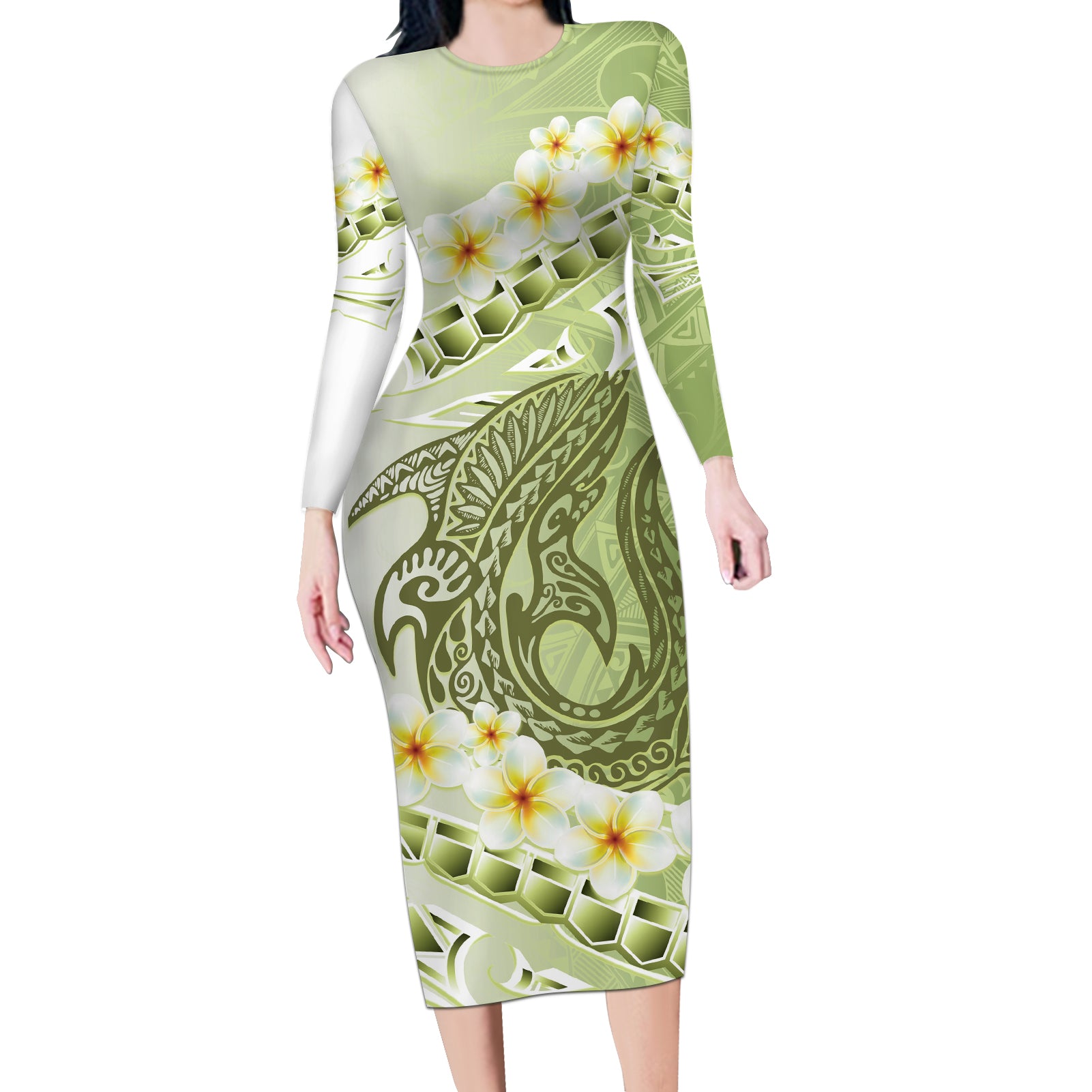 Green Hawaii Shark Tattoo Long Sleeve Bodycon Dress Frangipani With Polynesian Pastel Version
