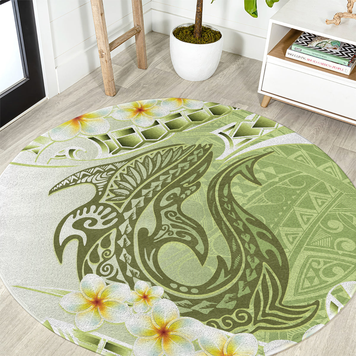 Green Hawaii Shark Tattoo Round Carpet Frangipani With Polynesian Pastel Version