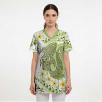 Green Hawaii Shark Tattoo Scrub Top Frangipani With Polynesian Pastel Version - Polynesian Pride