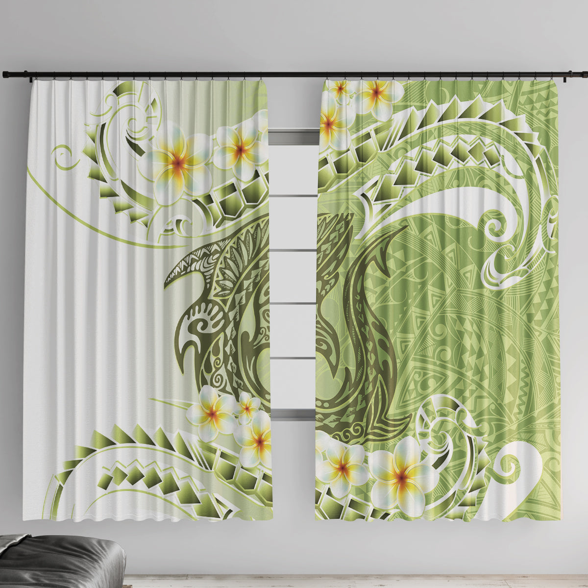 Green Hawaii Shark Tattoo Window Curtain Frangipani With Polynesian Pastel Version