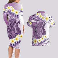 Purple Hawaii Shark Tattoo Couples Matching Long Sleeve Bodycon Dress and Hawaiian Shirt Frangipani With Polynesian Pastel Version