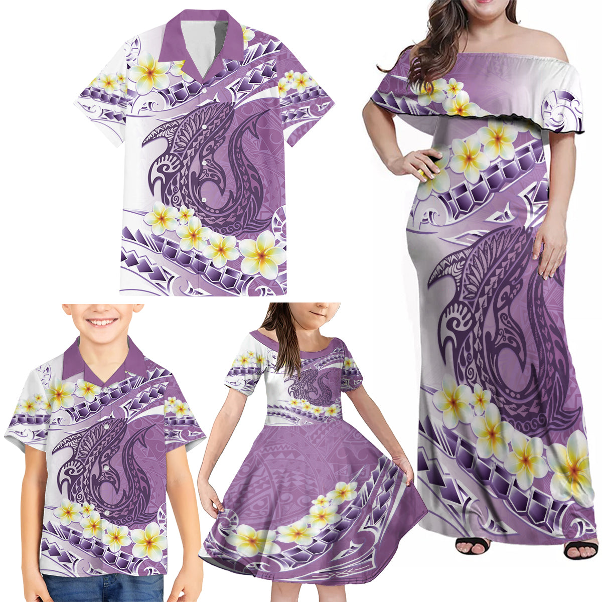 Purple Hawaii Shark Tattoo Family Matching Off Shoulder Maxi Dress and Hawaiian Shirt Frangipani With Polynesian Pastel Version