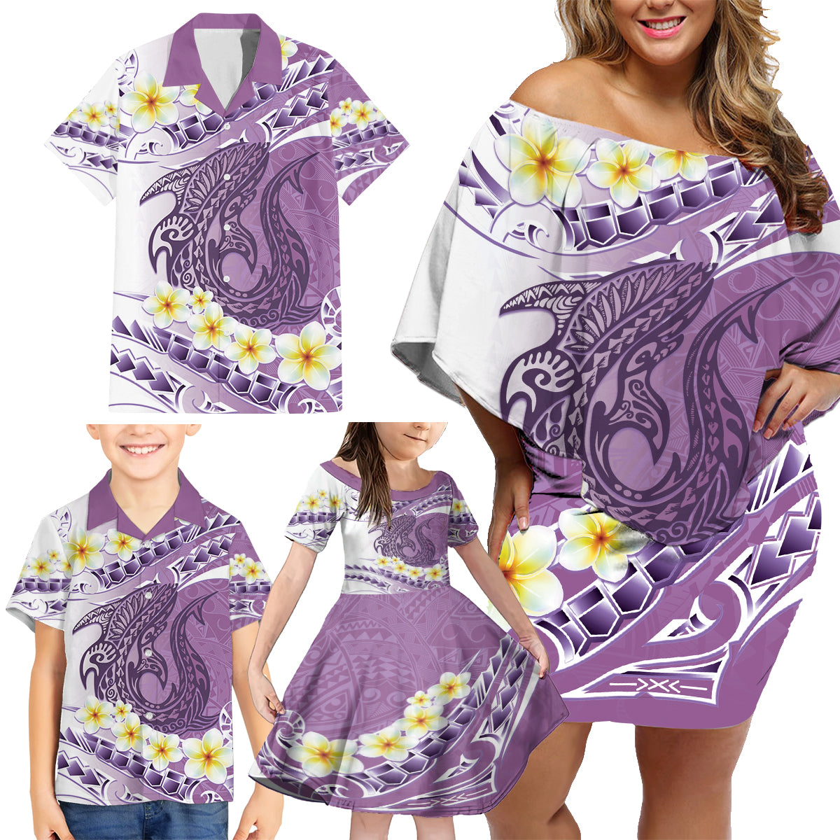 Purple Hawaii Shark Tattoo Family Matching Off Shoulder Short Dress and Hawaiian Shirt Frangipani With Polynesian Pastel Version