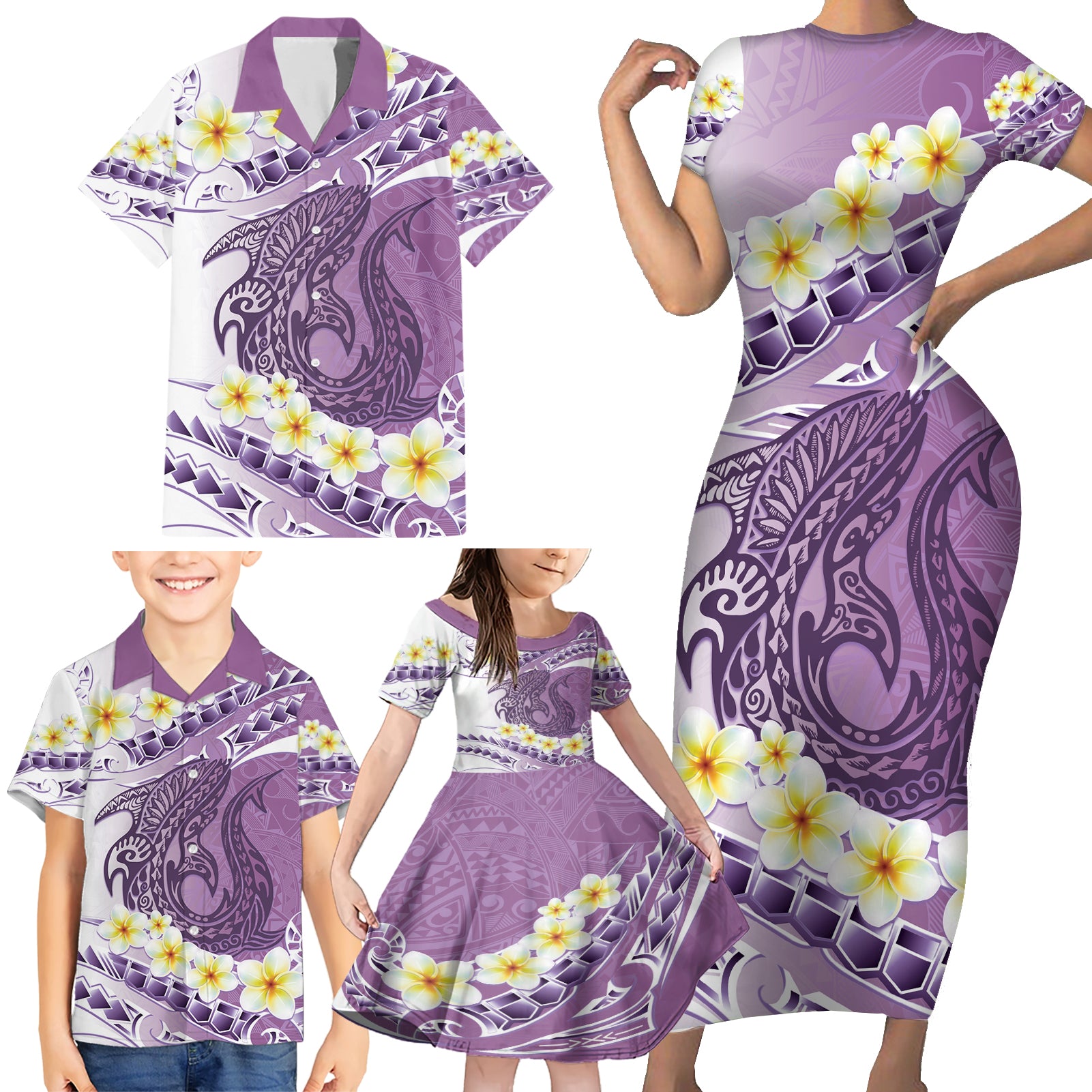 Purple Hawaii Shark Tattoo Family Matching Short Sleeve Bodycon Dress and Hawaiian Shirt Frangipani With Polynesian Pastel Version