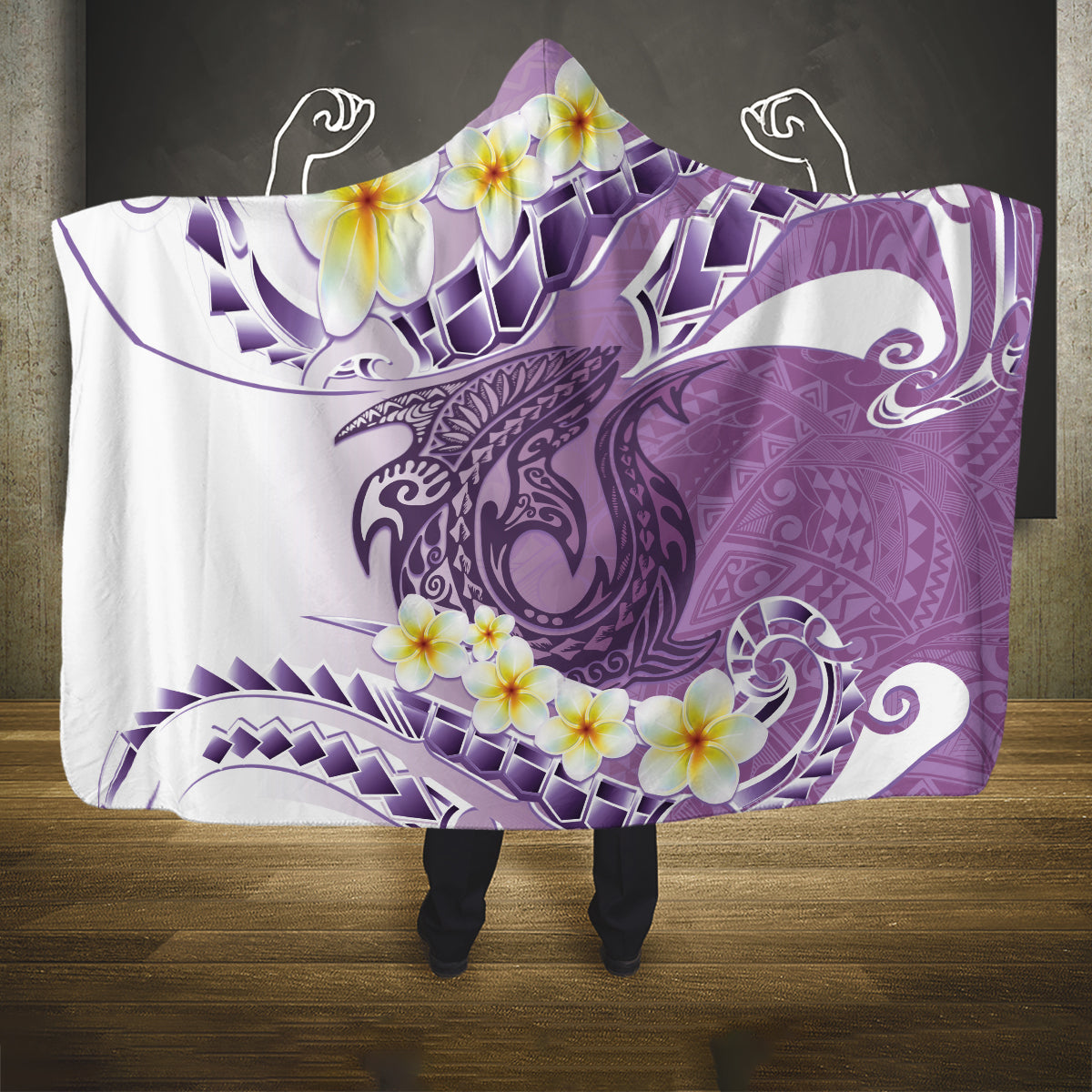 Purple Hawaii Shark Tattoo Hooded Blanket Frangipani With Polynesian Pastel Version