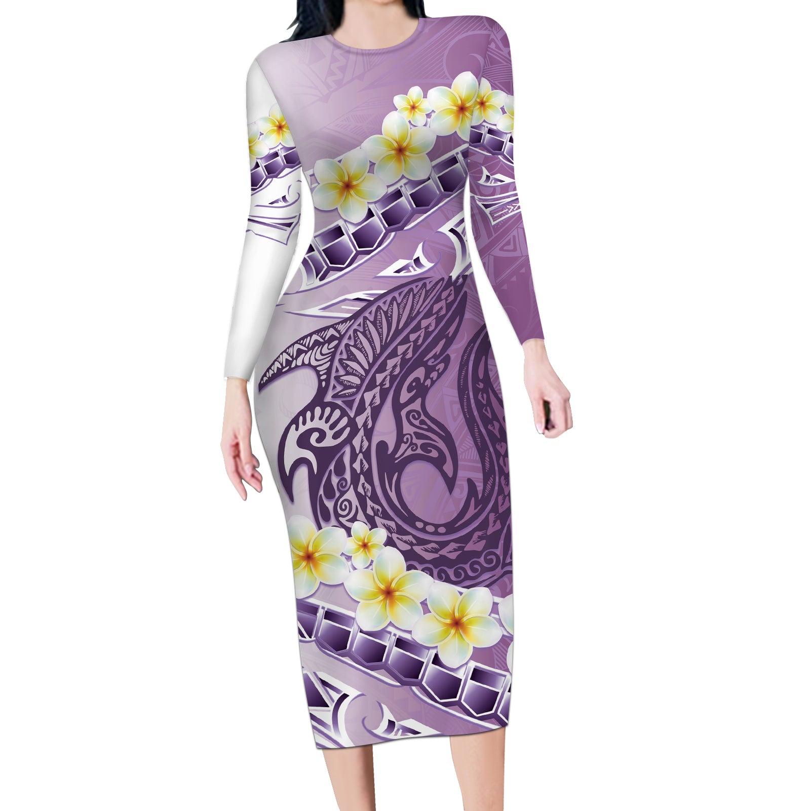 Purple Hawaii Shark Tattoo Long Sleeve Bodycon Dress Frangipani With Polynesian Pastel Version